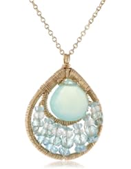 Dana Kellin Peruvian Opal Chalcedony Set Atop Rows of Serene Blue Rondelles Pendant Necklace, 17.62"