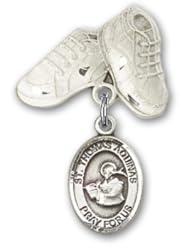 Sterling Silver Baby Badge with St. Thomas Aquinas Charm and Baby Boots Pin