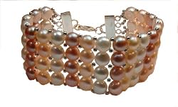 4 Rows of Fresh Water White/Beige/Lavender Colored Pearls with Sterling Silver