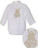 White Christening Baby Boy Tuxedo Suit, Gold Angel Embroidered, Amoeba pattern, Shirt, Tailcoat, Vest, Bowtie, Pants