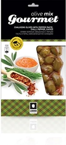 Gourmet Kalamon Olives From Greece Mixed with Chives, Pepper Paste and Boukovo- 250g/8.5oz