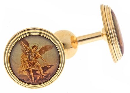Yellow gold plated Saint (St) Michael religious cufflinks with presentation box. Made in the U.S.A