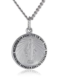 Sterling Silver Round Miraculous Medal with Black Writing, 20"