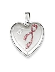 Sterling Silver 24mm Enameled, Diamond-Cut Pink Ribbon Heart Locket