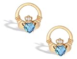 14K Yellow Gold Genuine Heart Blue Topaz and Diamond Celtic Claddagh Earrings