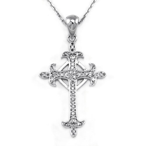 14K White Gold Celtic Cross Diamond Pendant w/ 16 inches necklace