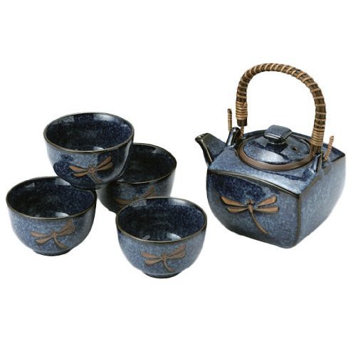 Japanese Dragonfly Tea Pot and Tea Cups Set in Blue - 5 Pieces