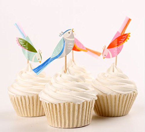 24 Pretty Birdies Cupcake Toppers Bird Picks - Red Fox Tail