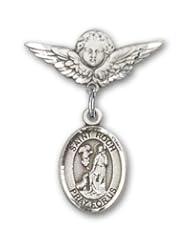 Sterling Silver Baby Badge with St. Roch Charm and Angel with Wings Badge Pin