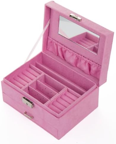 Two-layer Lint Jewelry Box with Mirror Plus Jewelry Organizer Jewelry Display Storage Case (Pink)