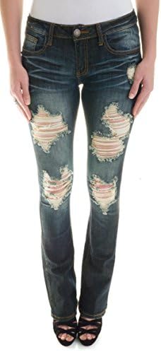 Machine Jeans Women's Destroyed Distressed Ripped Dark Wash Boot Cut Jeans, 9