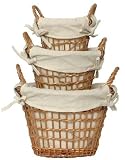 Willow Round Roll Baskets With Cotton Liners Set / 3, Large= 6.5H x 10"D