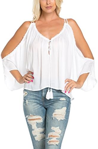 Women's Cold Shoulder Top with Trim Detail Large White