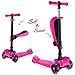 BELEEV 2 in 1 Kick Scooter for Kids with Folding Seat, 3 Wheel Scooter for Toddlers Girls Boys, Adjustable Height, Lean to Steer with PU Light Up Wheels for Children from 2 to 14 Years Old (Pink)