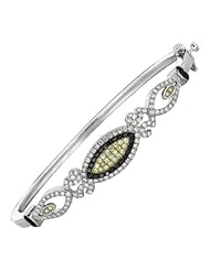 Silver Rhodium Plated Polish 7.50" 3.5mm Clear Yellow And Black Micropave Cubic Zirconia Oval Top Design Round Fancy Bangle With Side Clasp