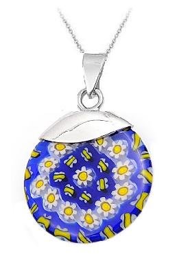 Sterling Silver Necklace Millefiori Glass Flower Pendant with Chain