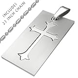 Stainless Steel Fleur De Lis Cross Design Dog Tag Pendant, 1.75 Inches Tall X .75 Inches Wide with 23 Inch Stainless Steel Chain