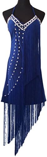 PrettyGuide Women Long Fringed Backless Rhinestone Deco Halter Rhythm Dance Dress