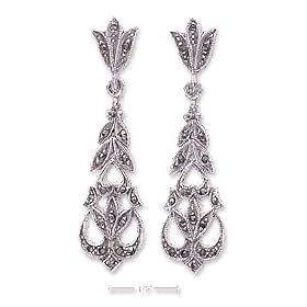 Sterling Silver Marcasite Floral Post Earrings Tapered Filigree Dangle by JewelryWeb