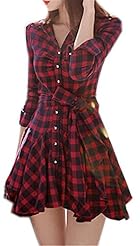 Girls Sexy Plaid Print Long Sleeves Cotton Short  Dress