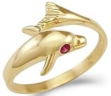 New Solid 14k Yellow Gold Dolphin Ruby Eye Ladies Ring