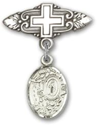 Sterling Silver Baby Badge with Miraculous Charm and Badge Pin with Cross