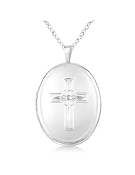 Vintage Oval Locket Pendant Necklace Cross Engraving Sterling Silver