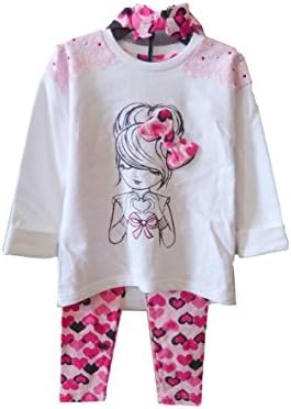 Fleurish Girl Embellished Long Sleeve Pant Legging Shirt Set with Headband (7, White Pink Lace)