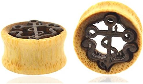 Pair (2) Organic Wooden Tunnels w/Vintage Carved Anchor Ear Plugs Gauges - 1 Inch (25mm)