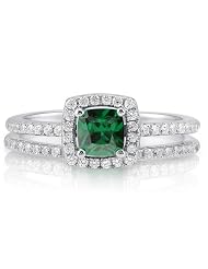 Cushion Emerald Cz Sterling Silver 2-Pc Halo Bridal Ring Set 0.46 Ct - Nickel... by 
