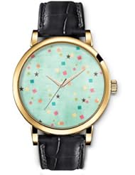 SPRAWL Aanalog Fashion Series Gold Ladies Watches of Genuine Black Leather Strap,Unique Wrist Watch for Women Girls Designed with Stars and colored squares
