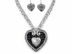 Large Jet Crystal Filled Heart Multi Chain Necklace and Earrings Set
