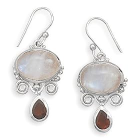Rainbow Moonstone and Garnet French Wire Earrings by West Coast Jewelry