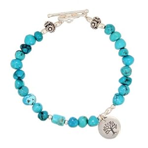 Turquoise Nugget Gemstone Bead and Sterling Silver Tree of Life Charm Toggle Bracelet with Flower Beads, 7 3/8" Length, #7512