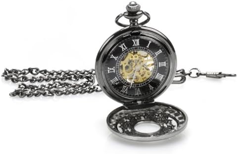 Vantasy Antique Attraction Magic Half Hunter Black Steel Skeleton Hand Wind Mechanical Pocket Watch Long Chain Value Quality