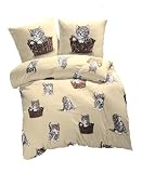 Bügelfreie Kids Love Feinbiber Bettwäsche mit Motiv Katze im Korb 135x200 / 80x80cm