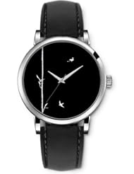 SPRAWL Aanalog Fashion Series Silver Ladies Watches of Genuine Black Leather Strap,Unique Wrist Watch for Women Girls Designed with Bird duckling and white branch