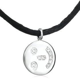 14k White Gold Diamond Winking Emoticon Disk Necklace (.05 cttw), 17 by