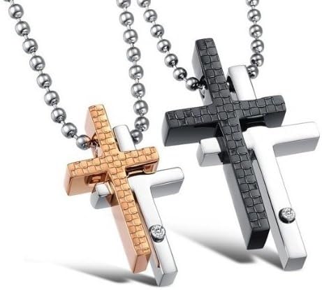 Aegean Jewelry Titanium Couple Pendant Necklace "Endless Love" Double Cross Style with a Gift Box and a Free Small Gift (One Pair)