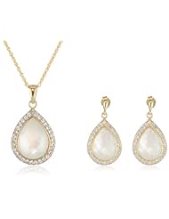 14k Gold Sterling Silver Mother-Of-Pearl Teardrop Quartz Earrings and Pendant Necklace Set, 18"