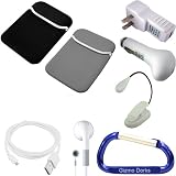 Black / Gray Barnes and Nobles Nook eBook Neoprene Reversible Sleeve Case Cover, USB Charging Cable / Data HotSync, USB Car Charger, USB USB Power Adapter / Wall Charger, LED Max Bright Light, Earphones, and Free Carabiner Key Chain