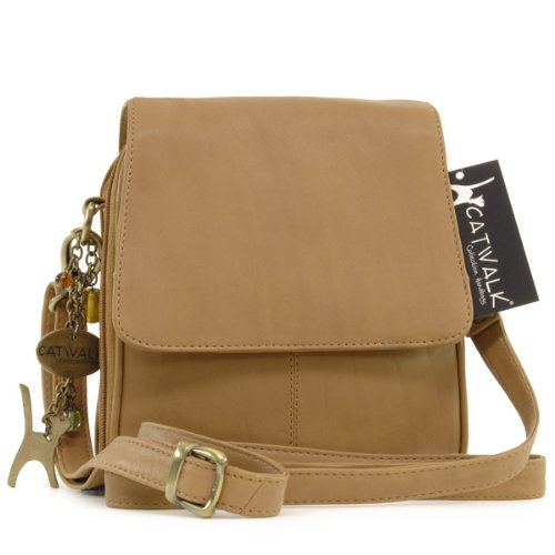 Catwalk Collection Leather Organiser Messenger Bag - Tan