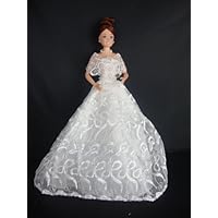 A Bright White Wedding Gown with Lace Includes Veil and Gloves Made to Fit the Barbie Doll