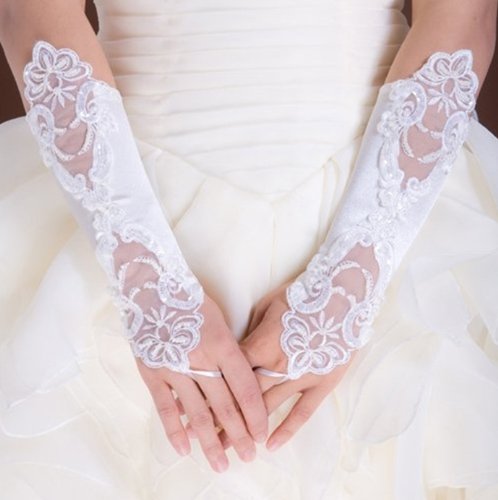 (Ship From USA) White Or Ivory Fingerless Lace Pearls Wedding Gloves with Pearl G7