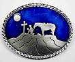 PRAYING COWBOY BLUE ENAMEL PEWTER BUCKLE, RELIGIOUS BUCKLE