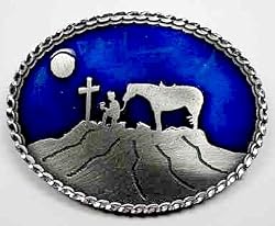 PRAYING COWBOY BLUE ENAMEL PEWTER BUCKLE, RELIGIOUS BUCKLE