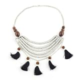 Silver and Wooden Bead Tassel Necklace