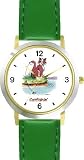 Cat Fishing - Cat Cartoon or Comic - JP Animal - WATCHBUDDY® DELUXE TWO-TONE THEME WATCH - Arabic Numbers - Green Leather Strap-Size-Children's Size-Small ( Boy's Size & Girl's Size )