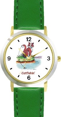 Cat Fishing - Cat Cartoon or Comic - JP Animal - WATCHBUDDY® DELUXE TWO-TONE THEME WATCH - Arabic Numbers - Green Leather Strap-Size-Children's Size-Small ( Boy's Size & Girl's Size )