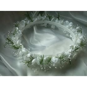 White Silk with Green Sprigs Flower Girl Head Piece Halo Wedding Mis Quince Pageant 6" Inside Diameter 8" Outside Diameter 1-1/4" Height